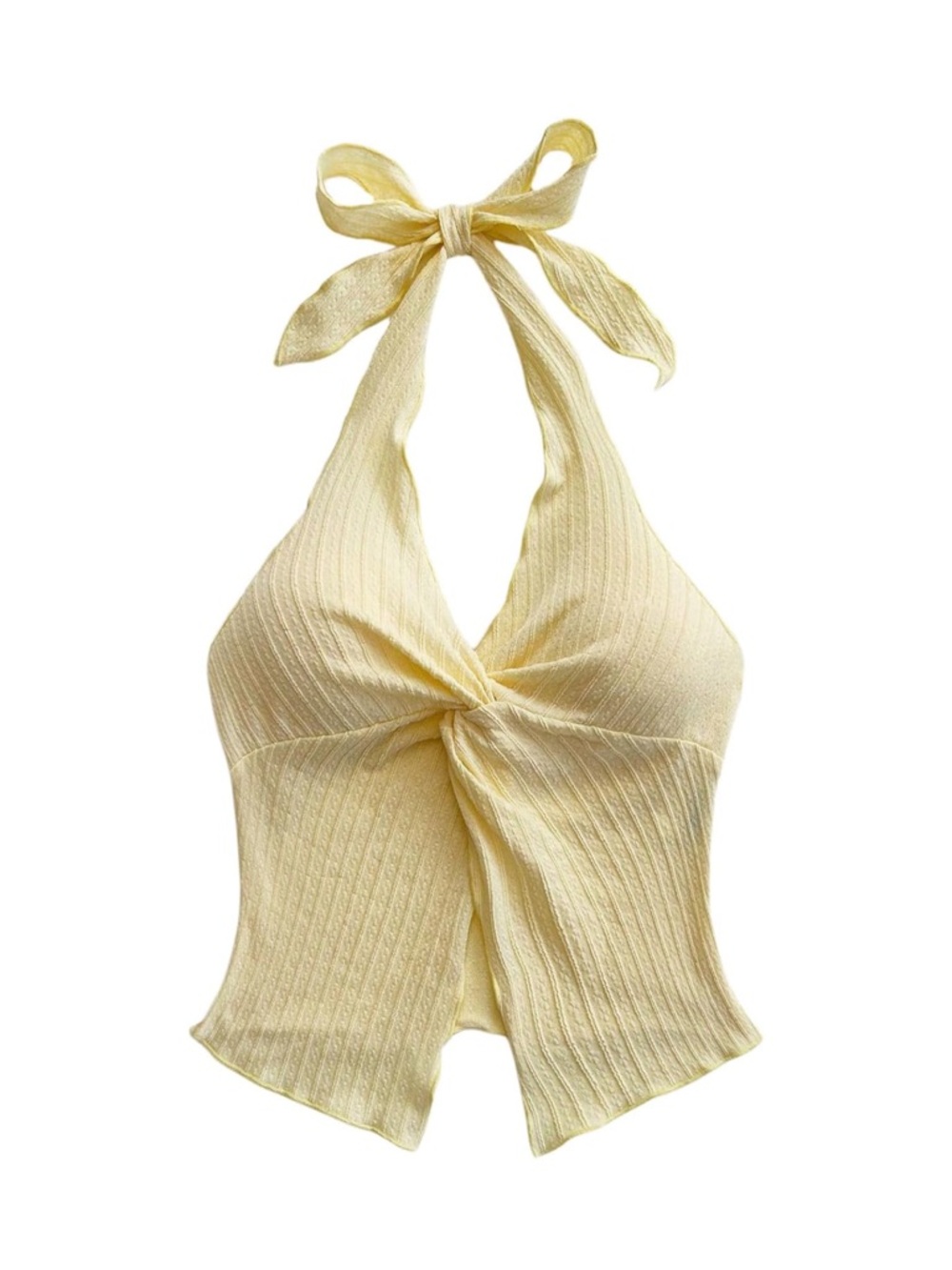 Yellow Halter Tie Front Ribbed Top